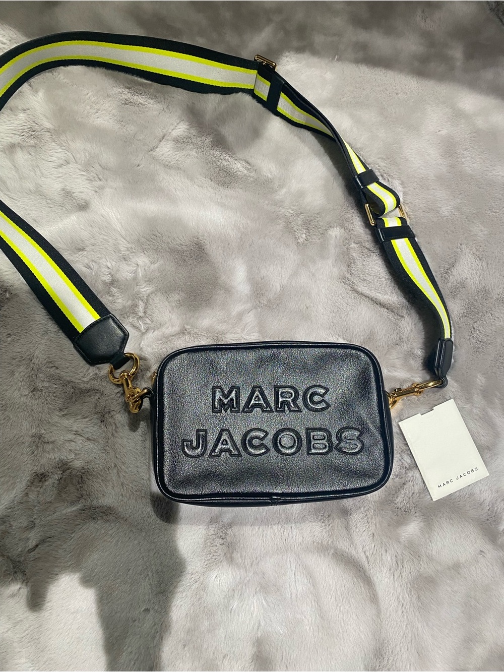 Marc Jacobs Black Leather Camera Bag with Neon Yellow-Striped Strap